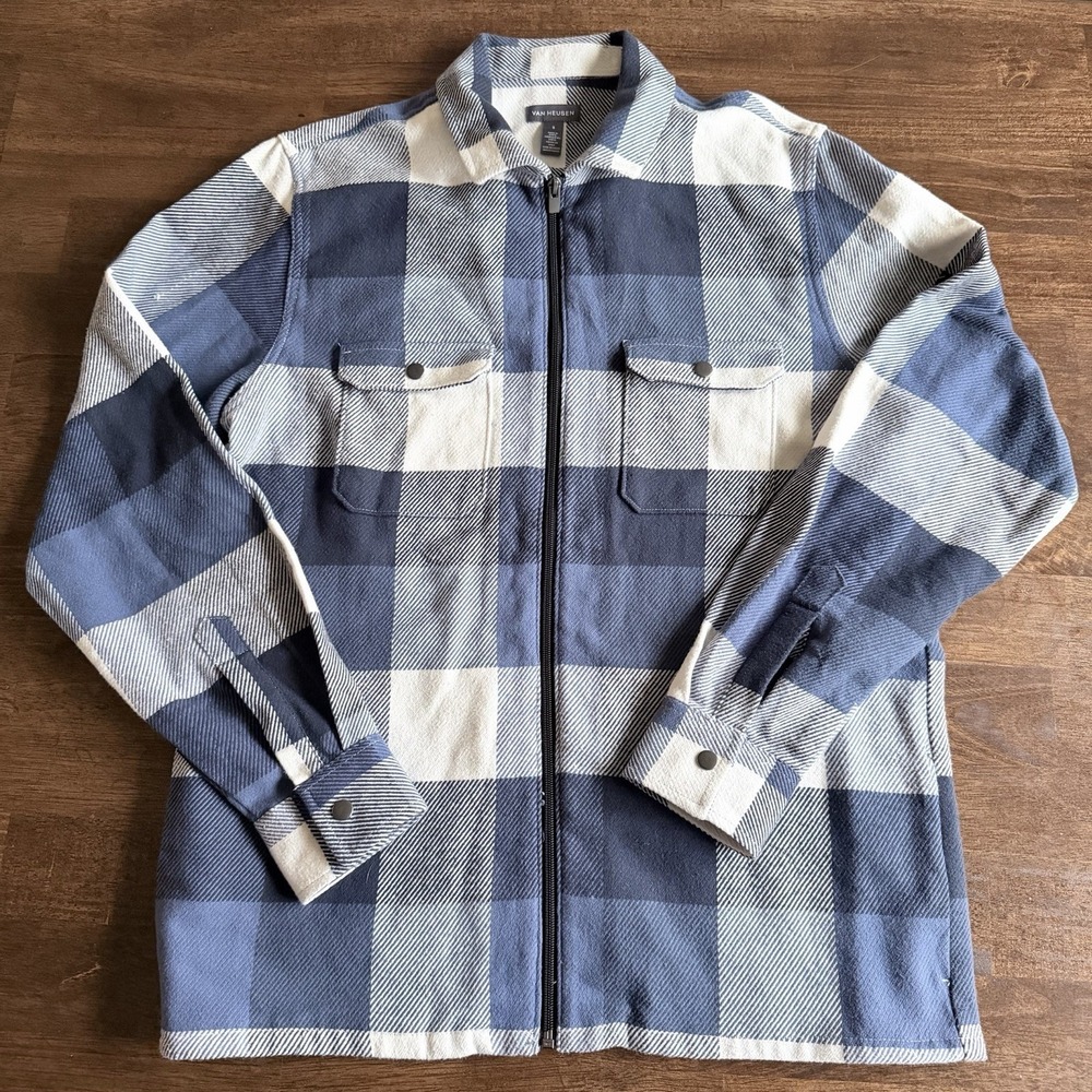 Van Heusen Mens S Shirt Jacket Blue Buffalo Plaid Cotton Full Zip Shacket